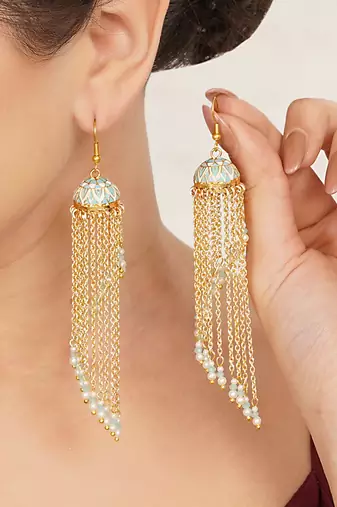 blue meenakari gold chain tassel jhumka earrings