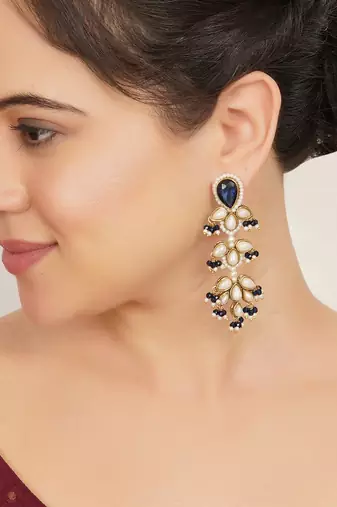 blue stone pearl beaded chandelier earrings
