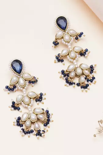 blue stone pearl beaded chandelier earrings