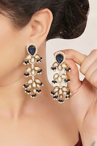 blue stone pearl beaded chandelier earrings