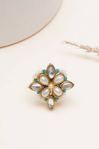 gold kundan pearl floral statement ring