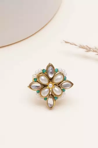 gold kundan pearl floral statement ring