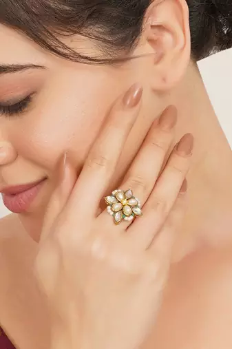 gold kundan pearl floral statement ring