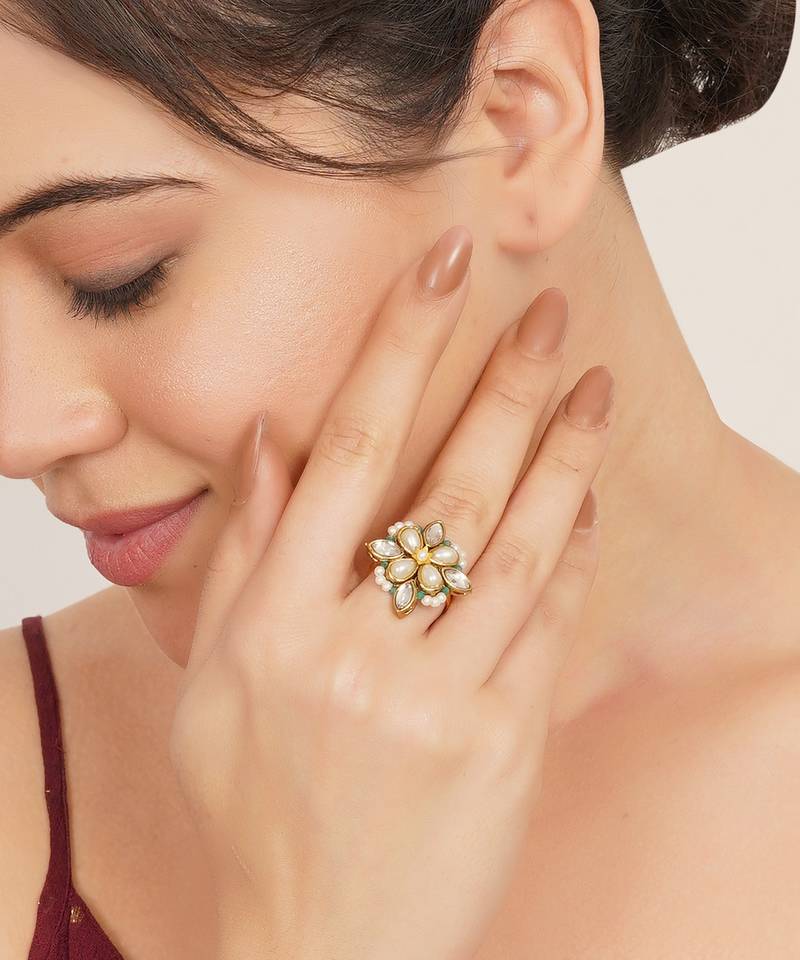 gold kundan pearl floral statement ring