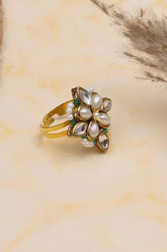 gold kundan pearl floral statement ring