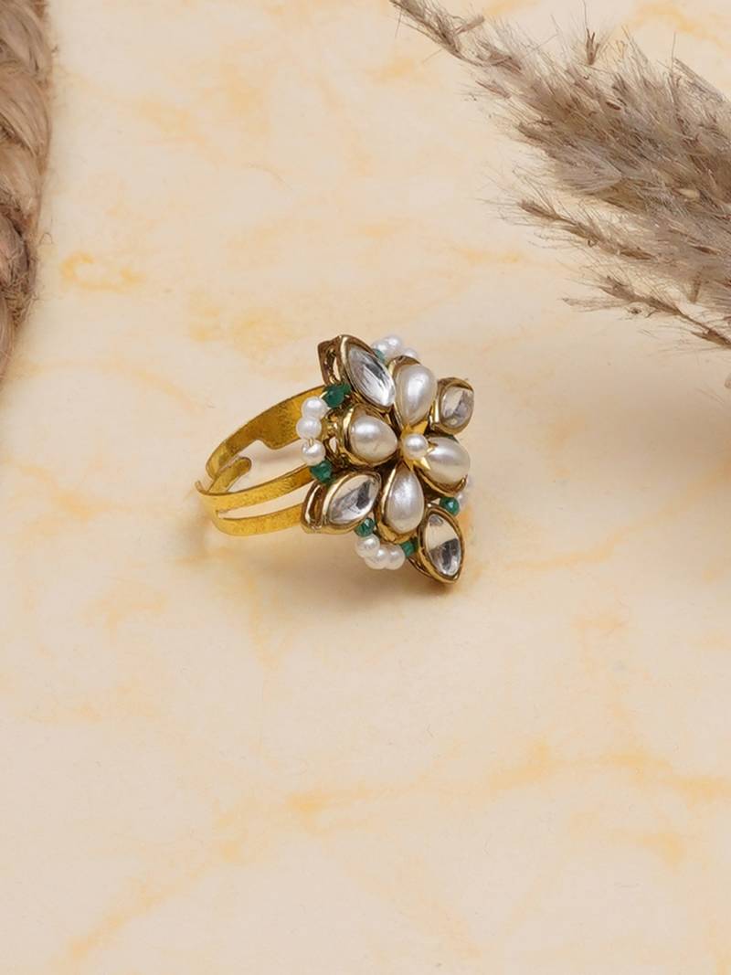 gold kundan pearl floral statement ring