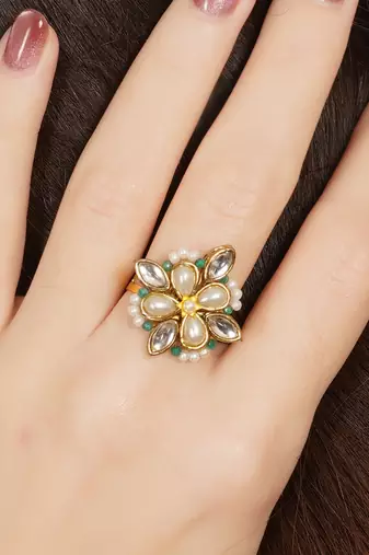gold kundan pearl floral statement ring