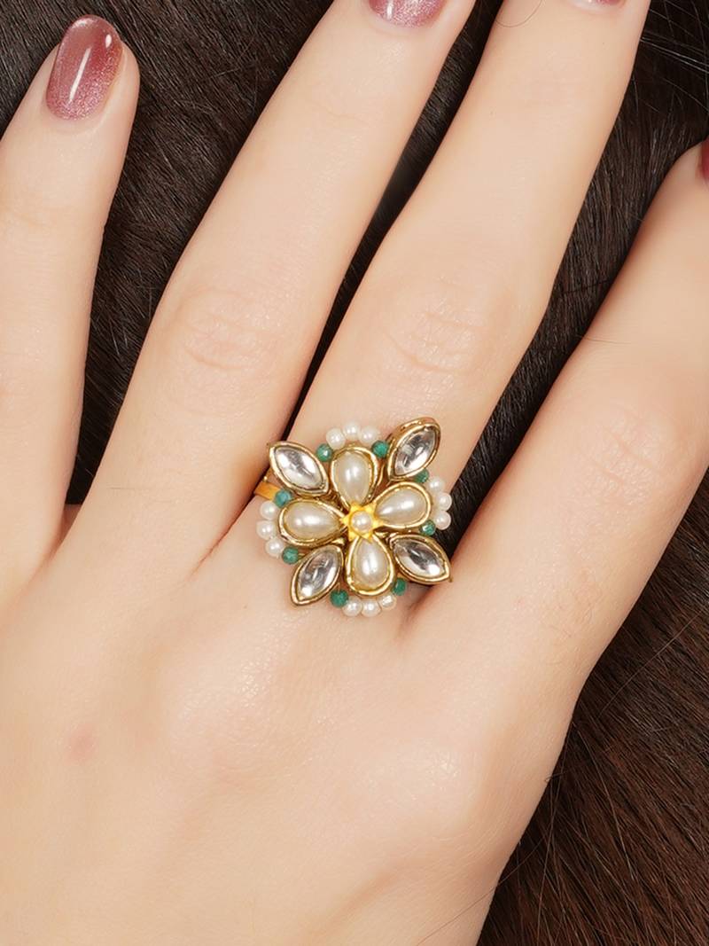 gold kundan pearl floral statement ring