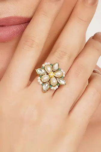 gold kundan pearl floral statement ring