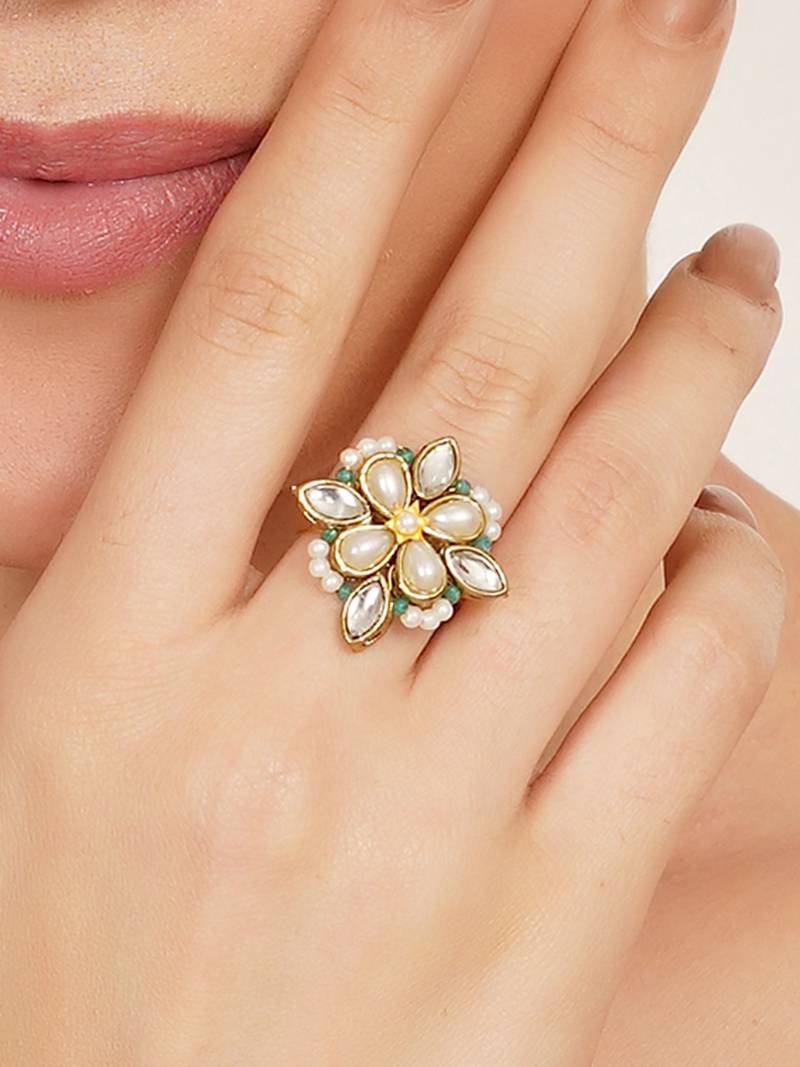 gold kundan pearl floral statement ring