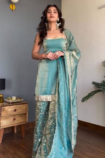 luxury teal  silk blend embroidered kurta set