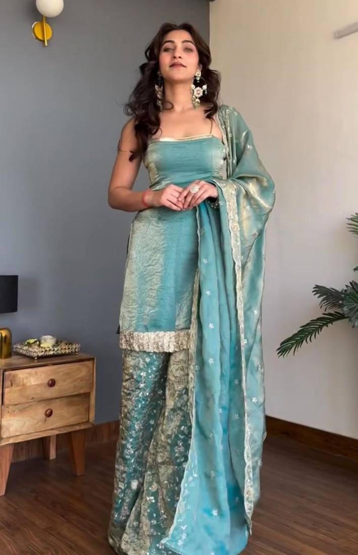 luxury teal  silk blend embroidered kurta set