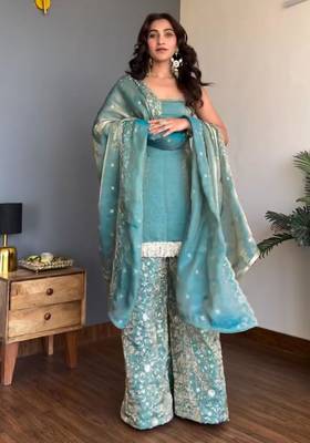 luxury teal  silk blend embroidered kurta set 2