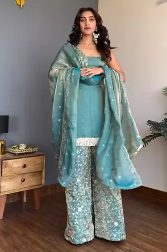 luxury teal  silk blend embroidered kurta set