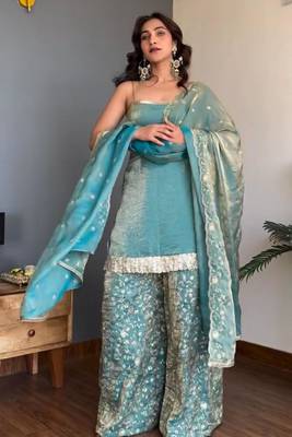 luxury teal  silk blend embroidered kurta set 3