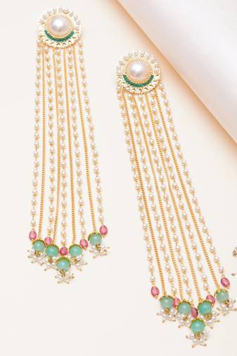 pearl beaded multi chain tassel drop earrings