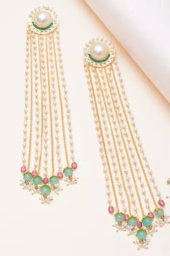 pearl beaded multi chain tassel drop earrings