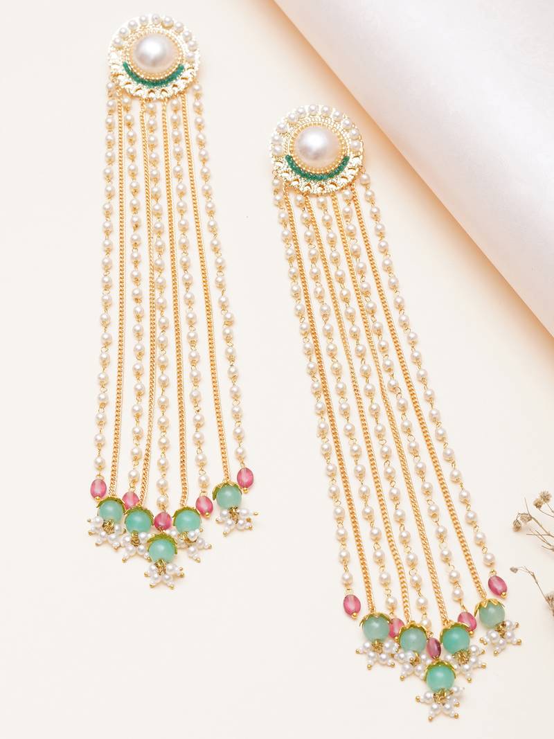 pearl beaded multi chain tassel drop earrings