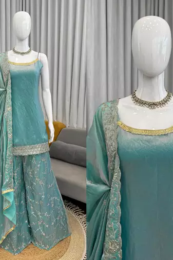 luxury teal  silk blend embroidered kurta set