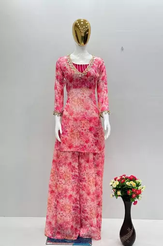 pink floral peplum kurta and sharara set