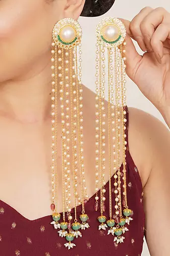 pearl beaded multi chain tassel drop earrings