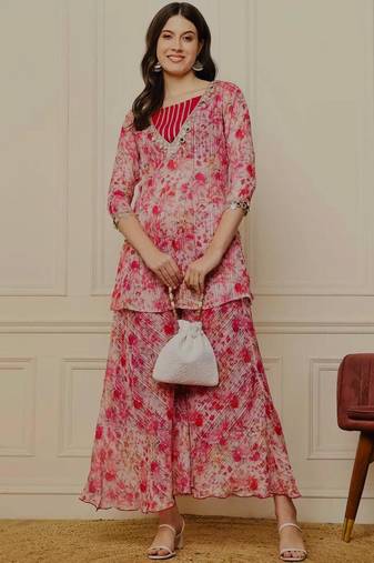 pink floral peplum kurta and sharara set