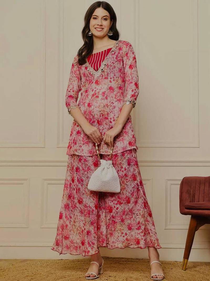 pink floral peplum kurta and sharara set