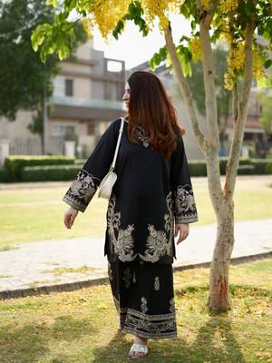 Black velvet long kurta with gold zari and sequin embroidery 2