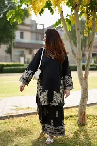 Black velvet long kurta with gold zari and sequin embroidery