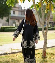 Black velvet long kurta with gold zari and sequin embroidery