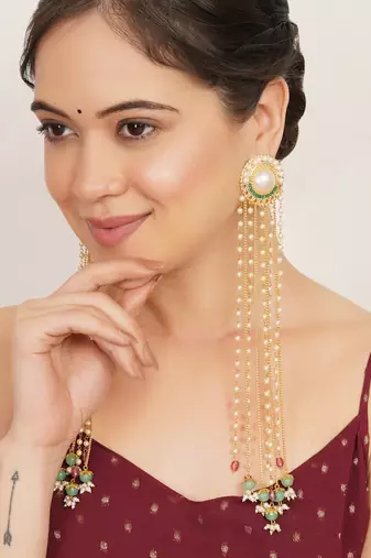 pearl beaded multi chain tassel drop earrings