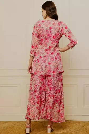 pink floral peplum kurta and sharara set