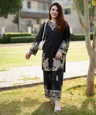 Black velvet long kurta with gold zari and sequin embroidery 1