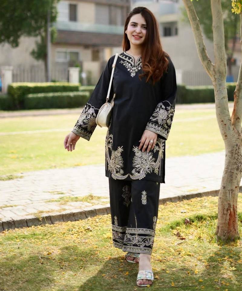 Black velvet long kurta with gold zari and sequin embroidery