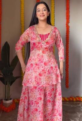 pink floral peplum kurta and sharara set 4