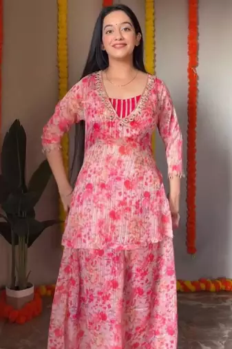 pink floral peplum kurta and sharara set