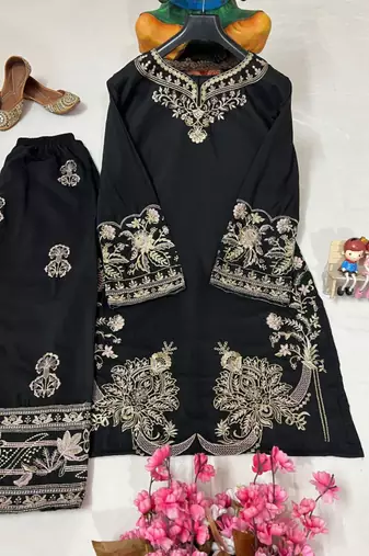 Black velvet long kurta with gold zari and sequin embroidery