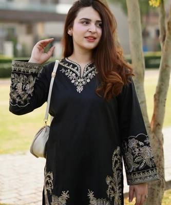 Black velvet long kurta with gold zari and sequin embroidery 4