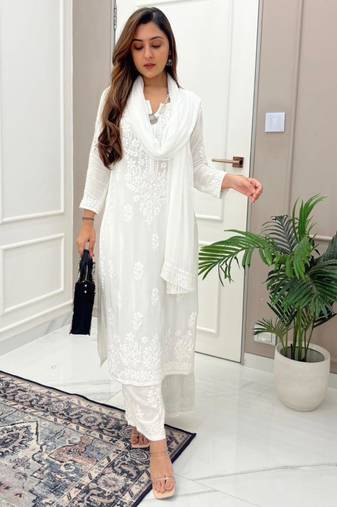 white chikankari embroidered kurta set