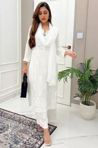 white chikankari embroidered kurta set