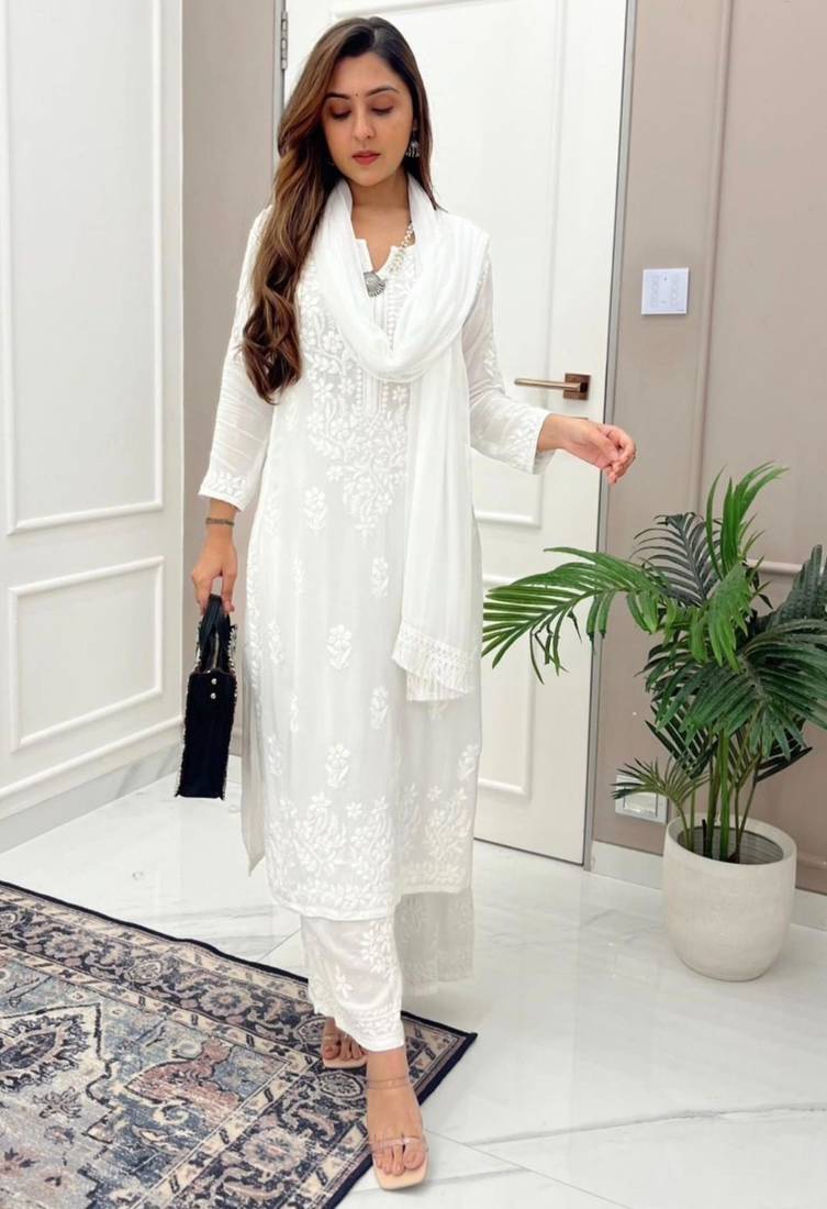 white chikankari embroidered kurta set