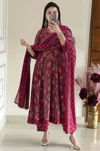 deep rani pink floral print anarkali set