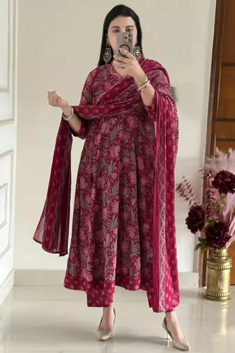 deep rani pink floral print anarkali set