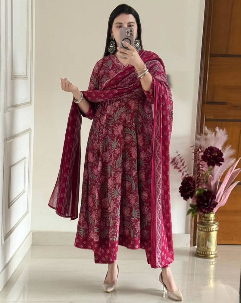 deep rani pink floral print anarkali set