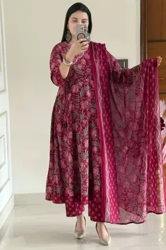 deep rani pink floral print anarkali set
