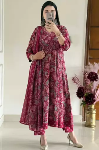 deep rani pink floral print anarkali set