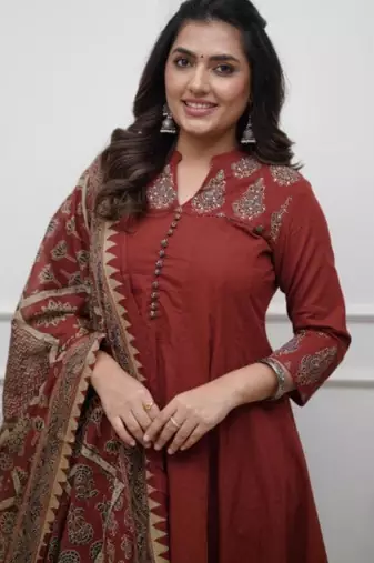 brick red heritage embroidered kurta set