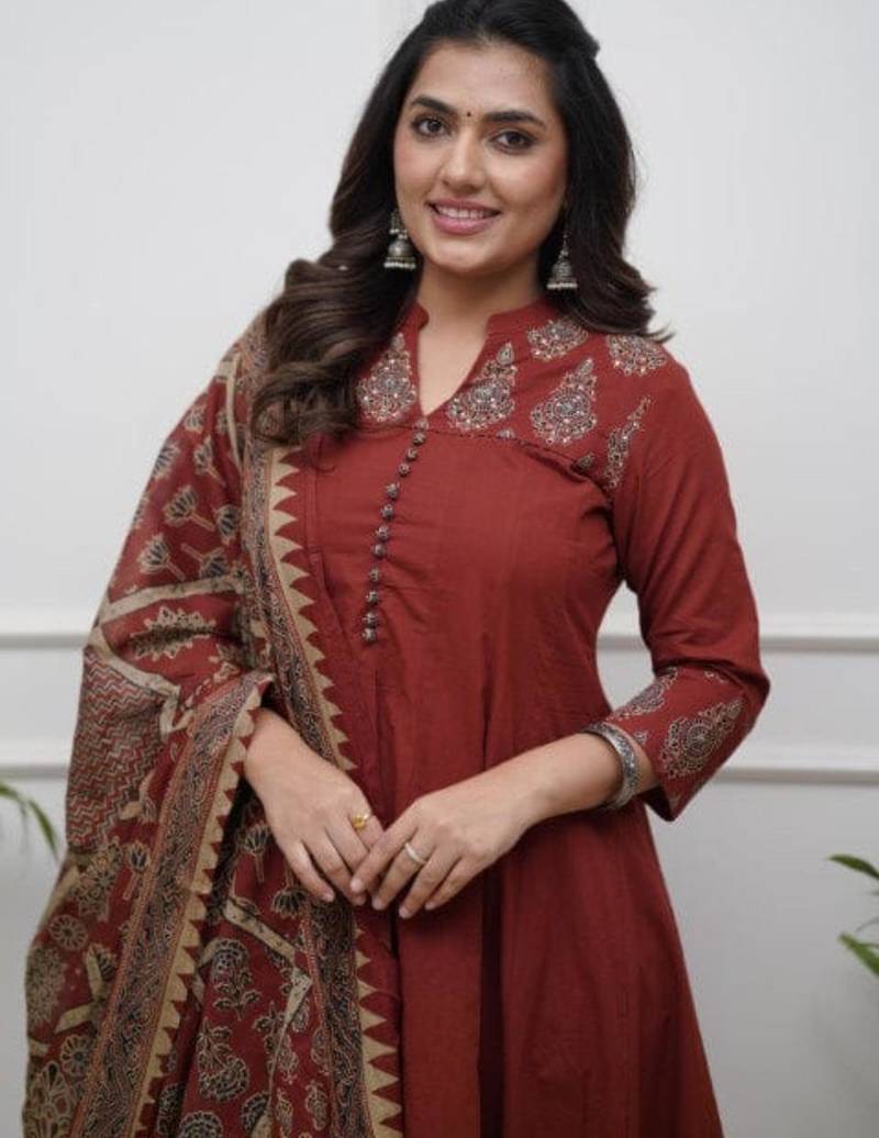 brick red heritage embroidered kurta set