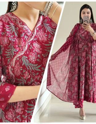 deep rani pink floral print anarkali set 4