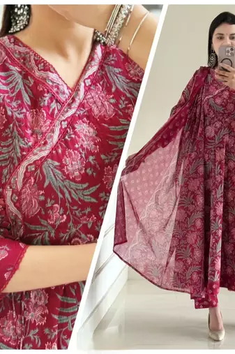 deep rani pink floral print anarkali set